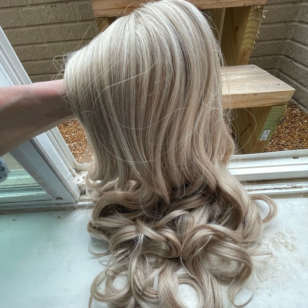 creamy ash blonde wig honey lights mix dimension bangs coily waves long 18-22”